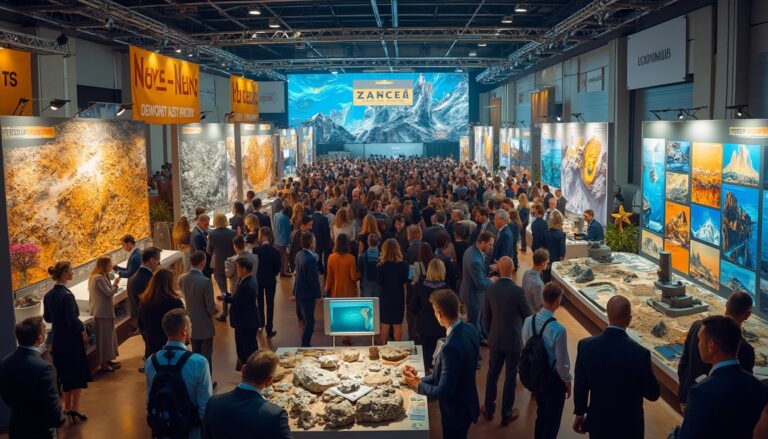 Crowded exhibition hall with people viewing geological displays and large landscape posters.