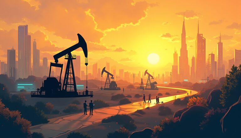 Sunset over an oil field with pumpjacks and a distant city skyline.