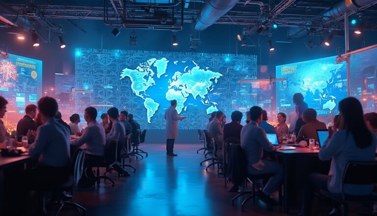 Conference room with people discussing around tables, large digital world map displayed on the wall.