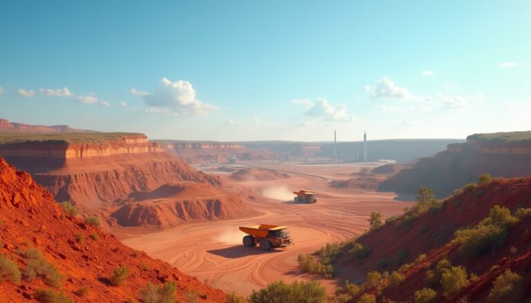 Desert quarry with red cliffs, two large trucks, and distant industrial structures under a clear sky.