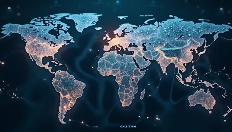 Glowing digital world map on a dark background with outlined continents.