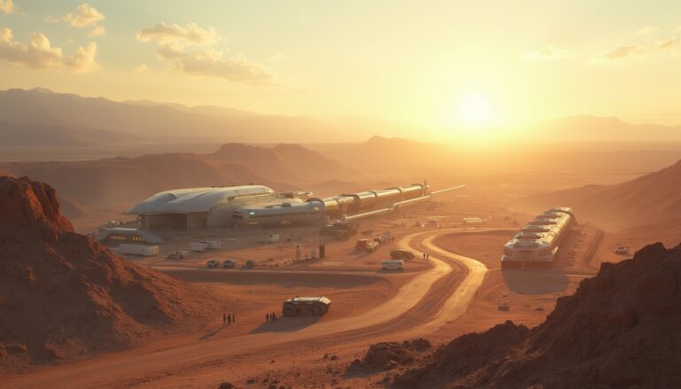 Futuristic Mars base at sunset with vehicles and rocky terrain.