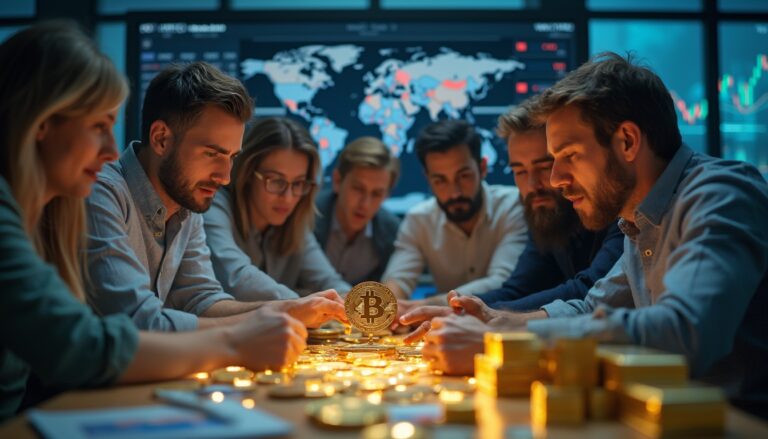 Group of people analyzing cryptocurrency with laptops and digital charts in the background.