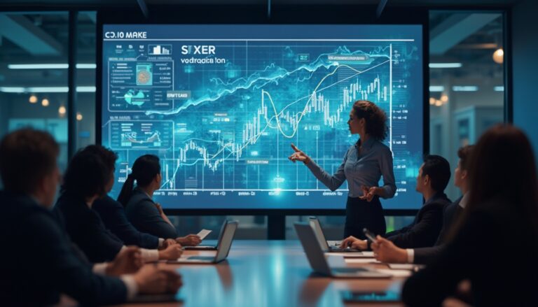 Businesswoman presenting data to colleagues in a conference room with a digital chart display.