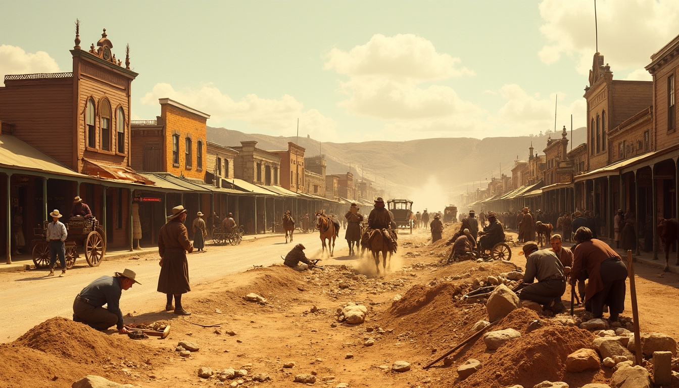 Old Western street with horses, wagons, and people working on a dusty road surrounded by buildings.