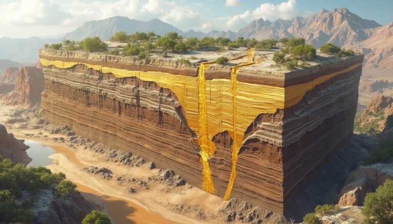 Massive cubic rock formation with golden veins, topped with greenery, set in a desert landscape.