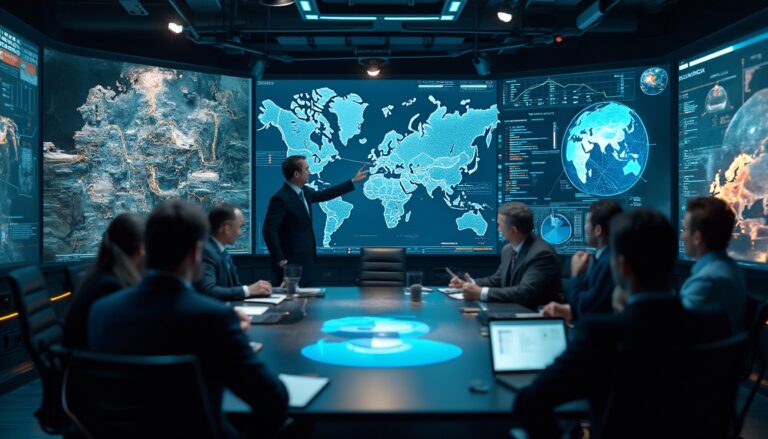 Business meeting with a man presenting data and maps on large digital screens in a conference room.