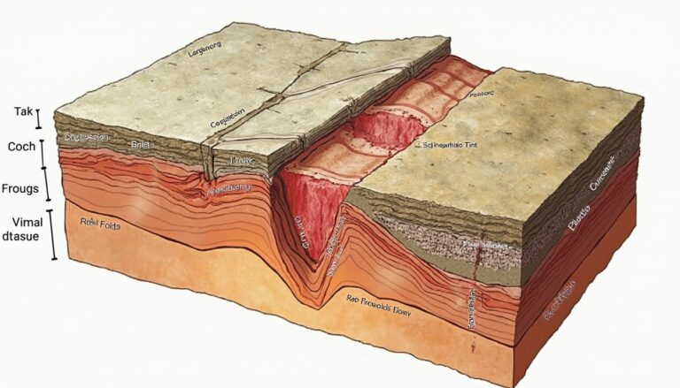 Cutaway diagram of geological layers with various rock strata and fault lines.