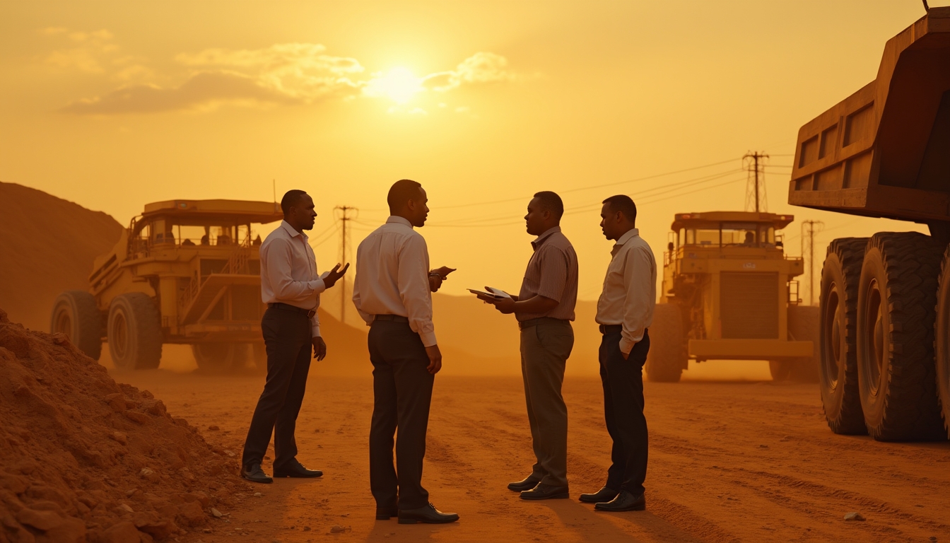 Four men in dress shirts converse on a dusty construction site at sunset, surrounded by machinery.