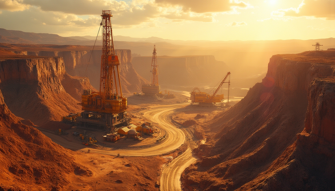 Rugged canyon landscape with large drilling rigs at sunset. Dusty road winds through rocky terrain.