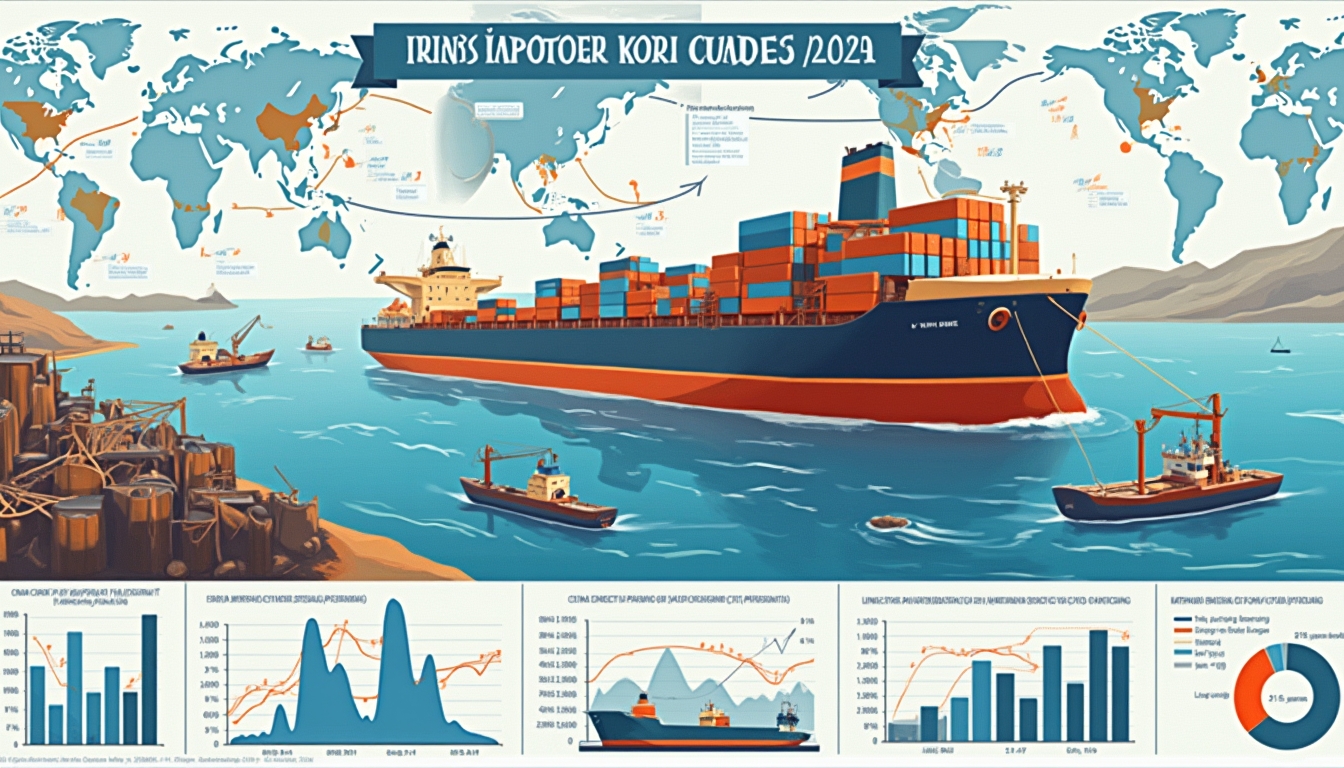 Illustration of a container ship, trade routes, and graphs depicting global shipping data for 2024.