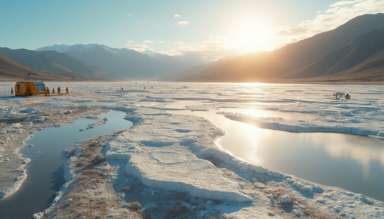 Sunlit snowy landscape with mountains, scientists, and a yellow vehicle by reflective water pools.