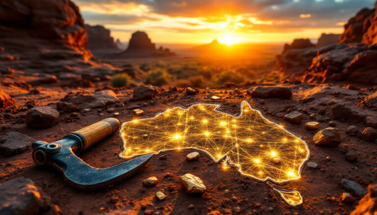 Dreadnought Resources Ltd-DRE-Glowing map of Australia with network lines on a rocky desert at sunset, next to a pickaxe.