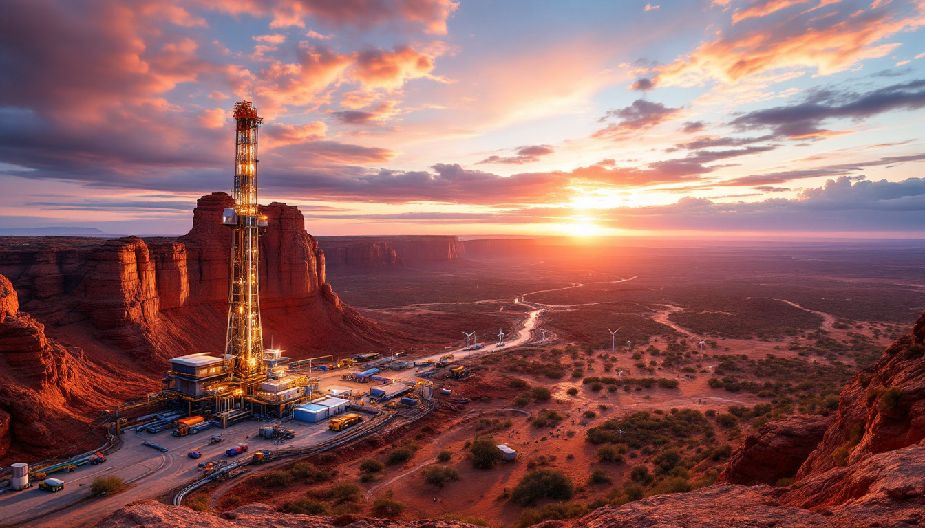 John's Group Limited-JHN-Sunset over desert landscape with a tall industrial structure and scattered wind turbines.