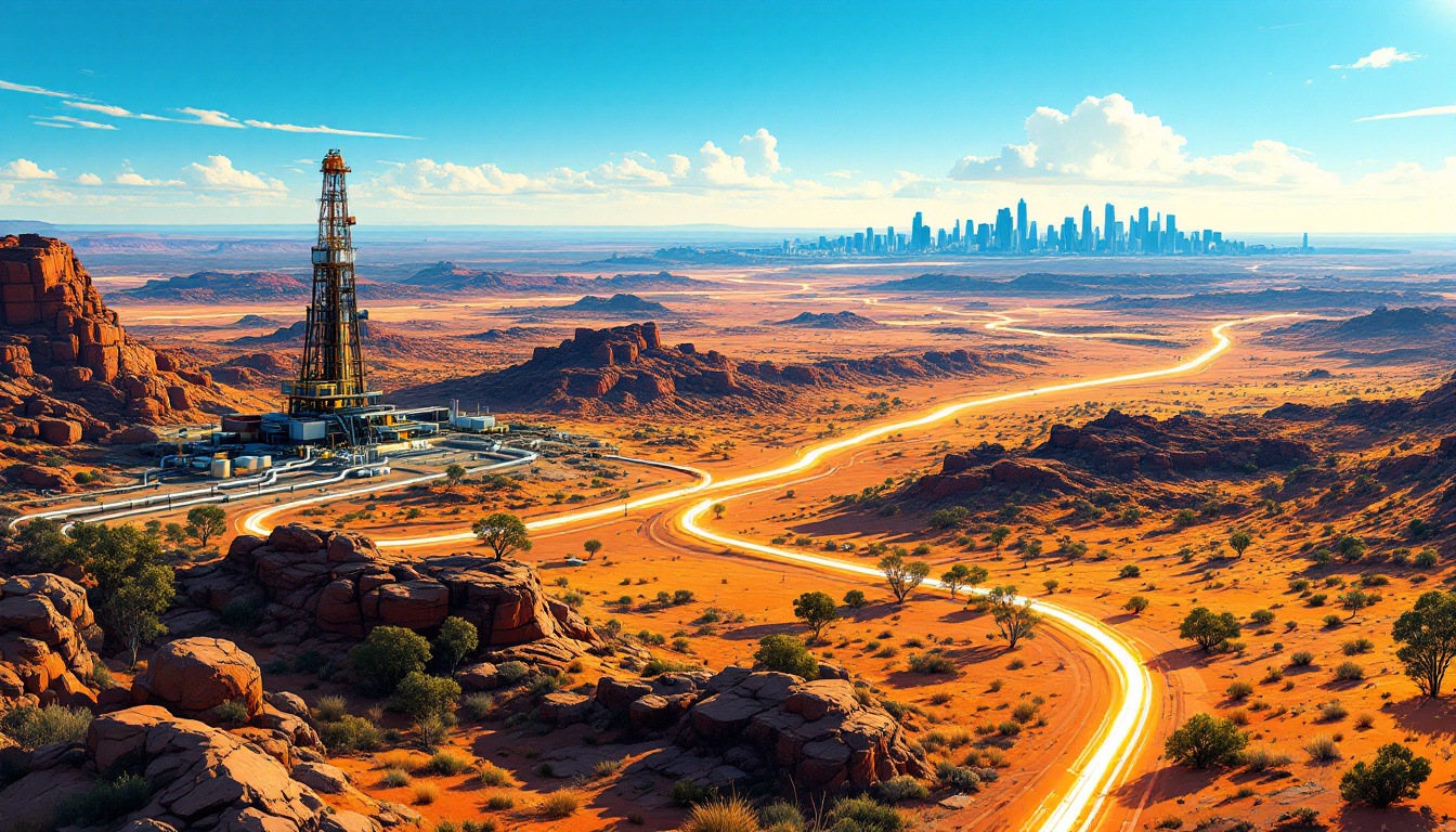 John's Group Limited-JHN-Desert landscape with oil rig in foreground and distant futuristic city skyline under a clear blue sky.