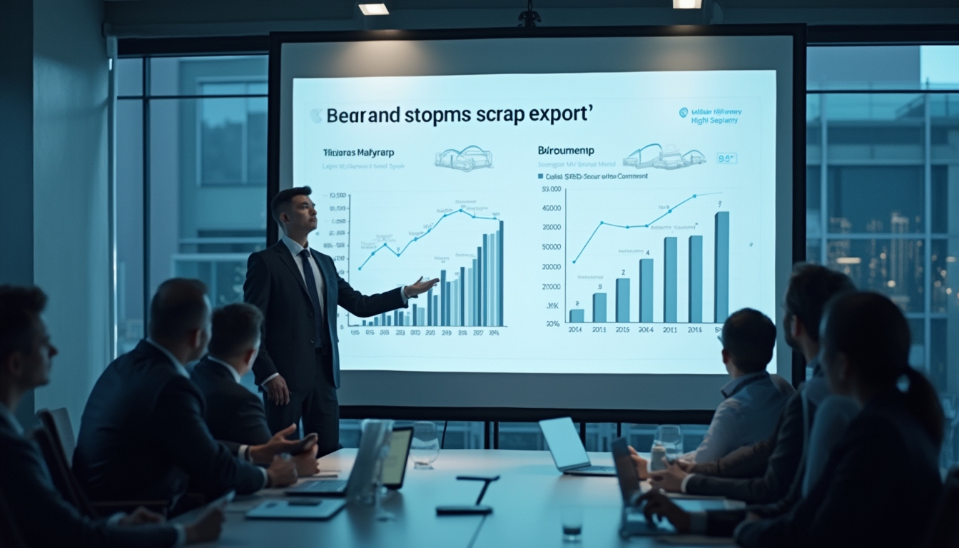 Business presentation showing graphs on a screen to a team in a conference room.