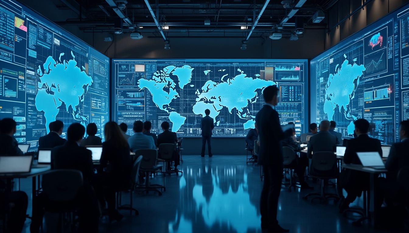 People in a conference room analyzing world maps and data on large screens.