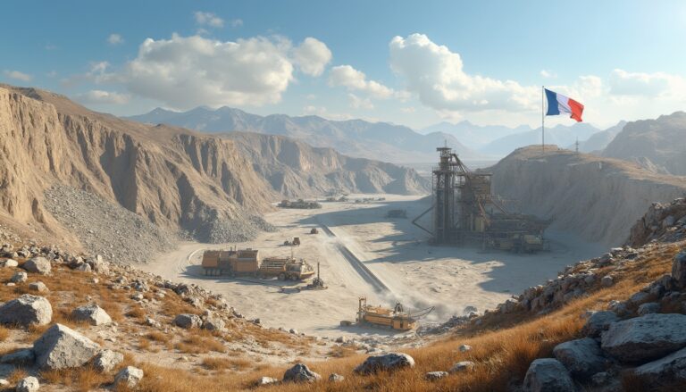 Quarry with machinery, a French flag, and mountains under a cloudy blue sky.