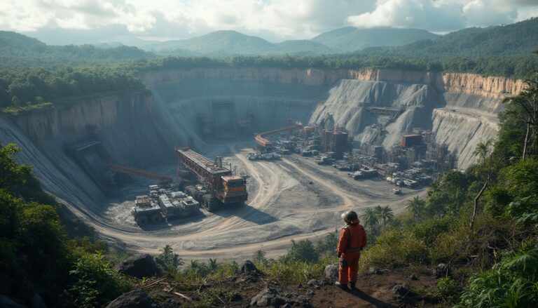 Person in orange suit stands overlooking a large mining pit surrounded by lush green hills.