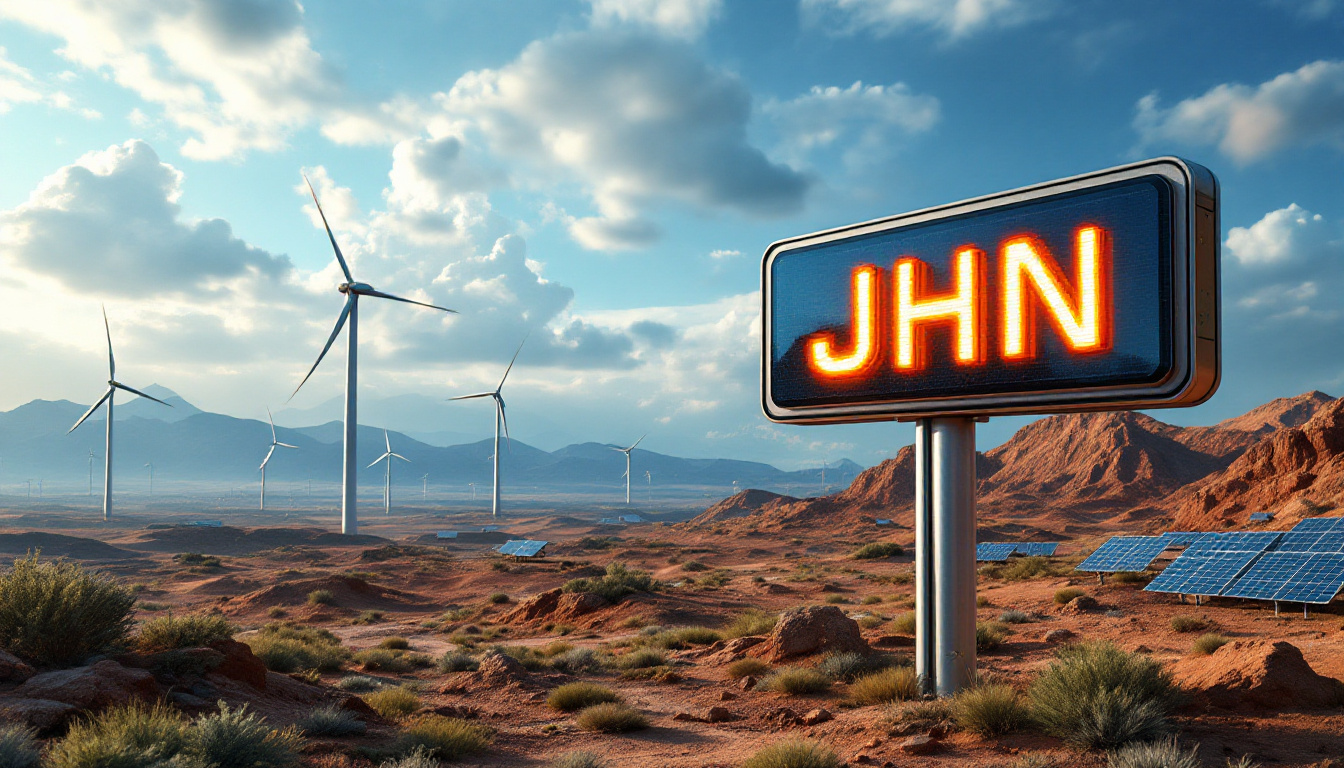 John's Group Limited-JHN-Desert landscape with wind turbines, solar panels, and a sign reading "JHN" in bold letters.