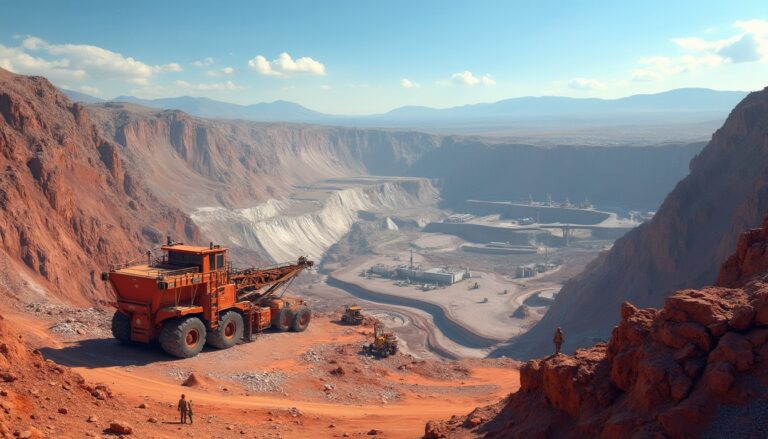 Massive mining truck in a sprawling open-pit mine with rocky terrain under clear blue skies.