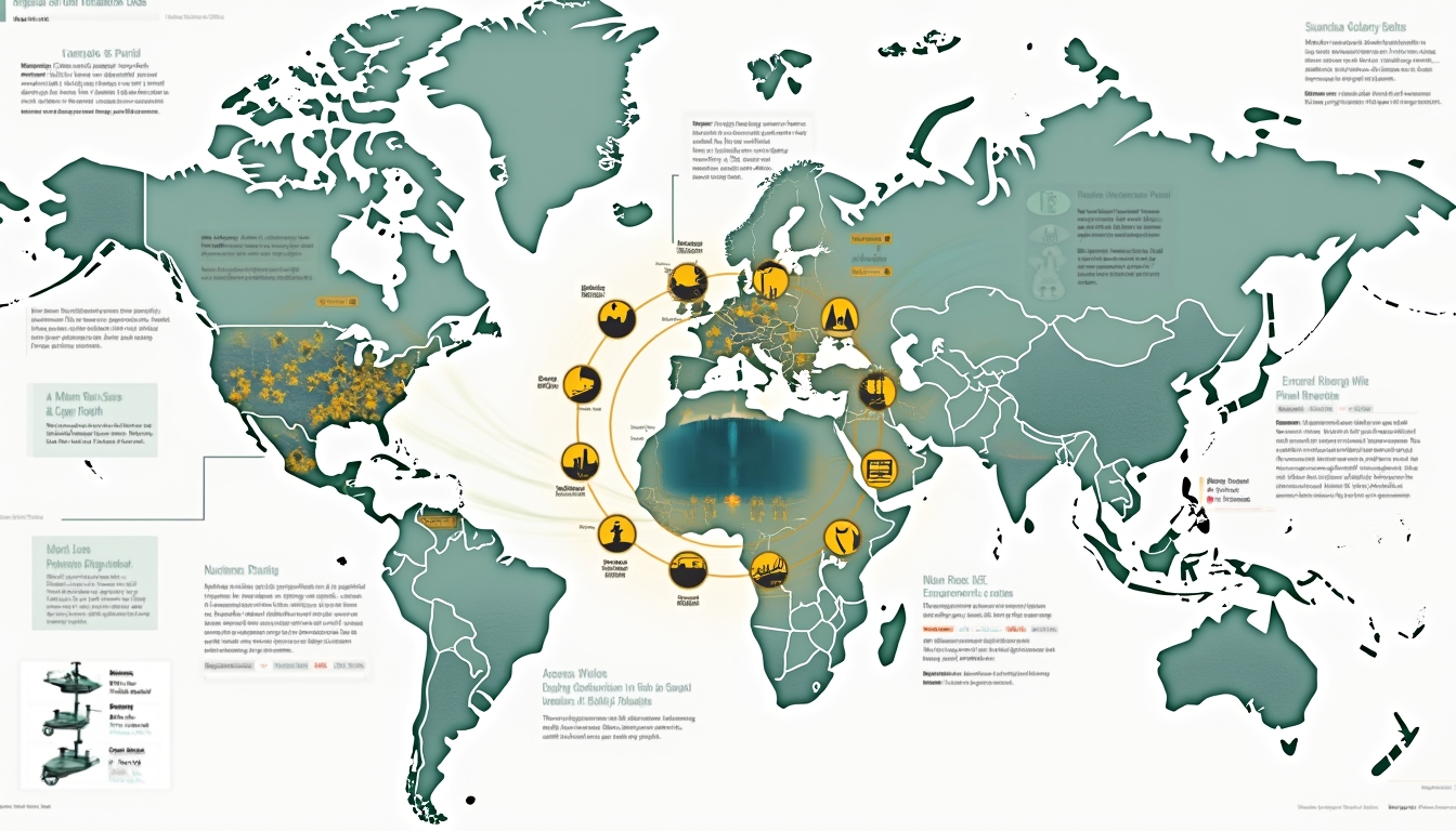 World map depicting various geographical locations connected by pathways and icons with text bubbles.