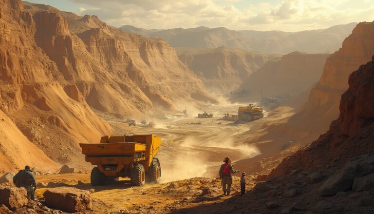 Desert landscape with heavy machinery and workers in a vast canyon excavating site.