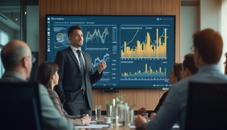 Man in a suit presents data charts to a seated group in a boardroom setting.