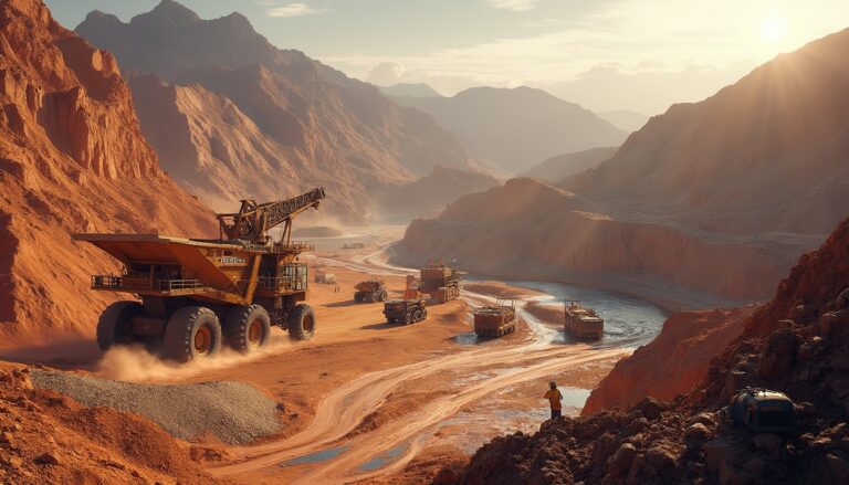 Large mining trucks operate in a rugged, sunlit desert landscape, with mountains in the background.