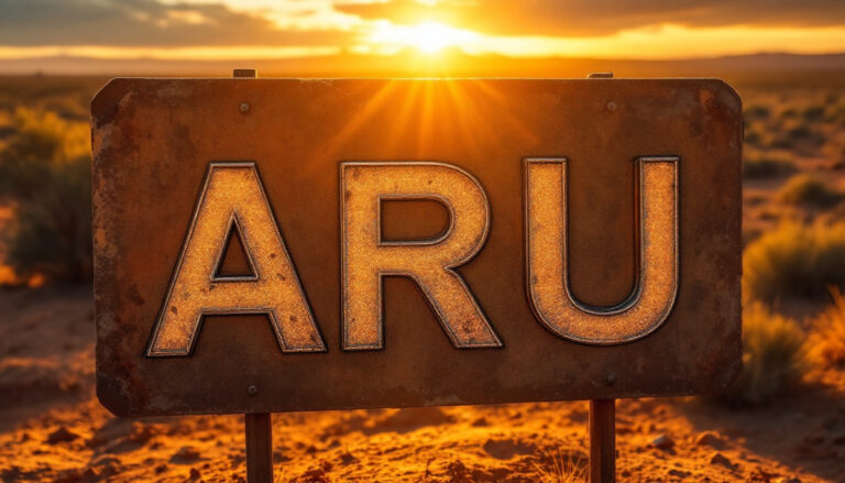 Aruma Resources Ltd-AAJ-Rusted metal sign with "ARU" in desert landscape at sunset.