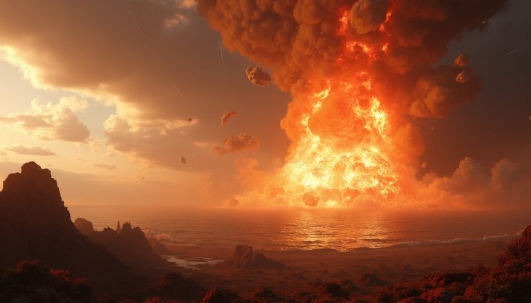 Massive volcanic eruption casting fiery glow over ocean and rugged landscape at sunset.