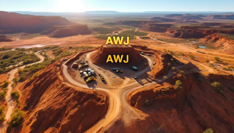 Auric Mining Ltd-AWJ-Aerial view of a desert landscape with machinery on a red plateau, labeled "AWJ."