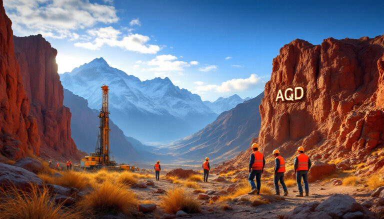 Ausquest Ltd-AQD-Workers in a canyon with a drilling rig and snowy mountains in the background.