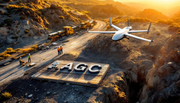 Australian Gold and Copper Ltd-AGC-Drone flying over a construction site in a rocky, sunlit landscape, workers in high-visibility vests.