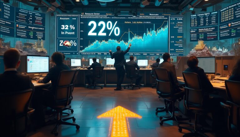 People analyzing data on large screens in a control room with a glowing arrow on the floor.