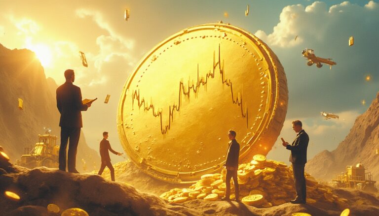 Giant gold coin with stock chart surrounded by people and gold stacks in a futuristic setting.