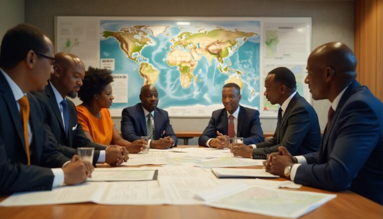 Seven professionals in a business meeting, discussing documents, with a world map in the background.