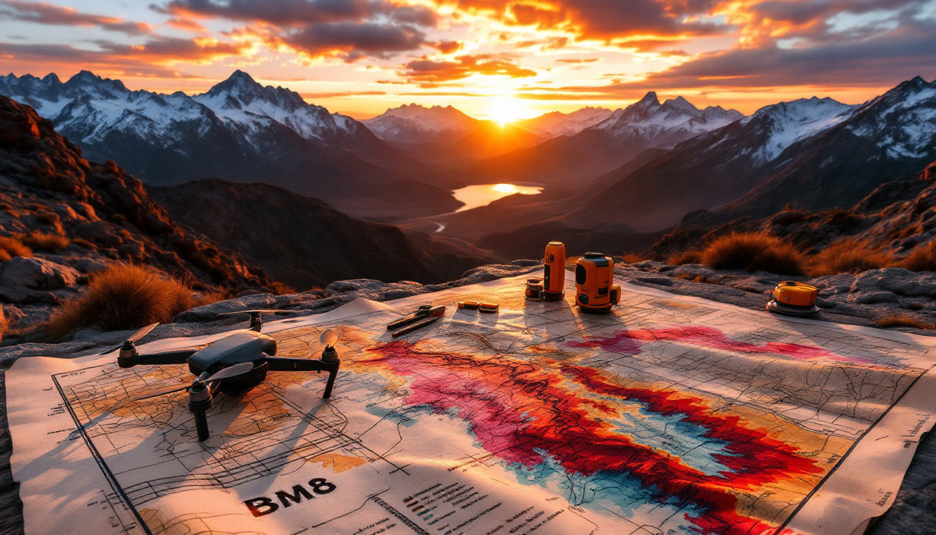 Battery Age Minerals Ltd-BM8-Drone and equipment on colorful map, overlooking mountains at sunset.