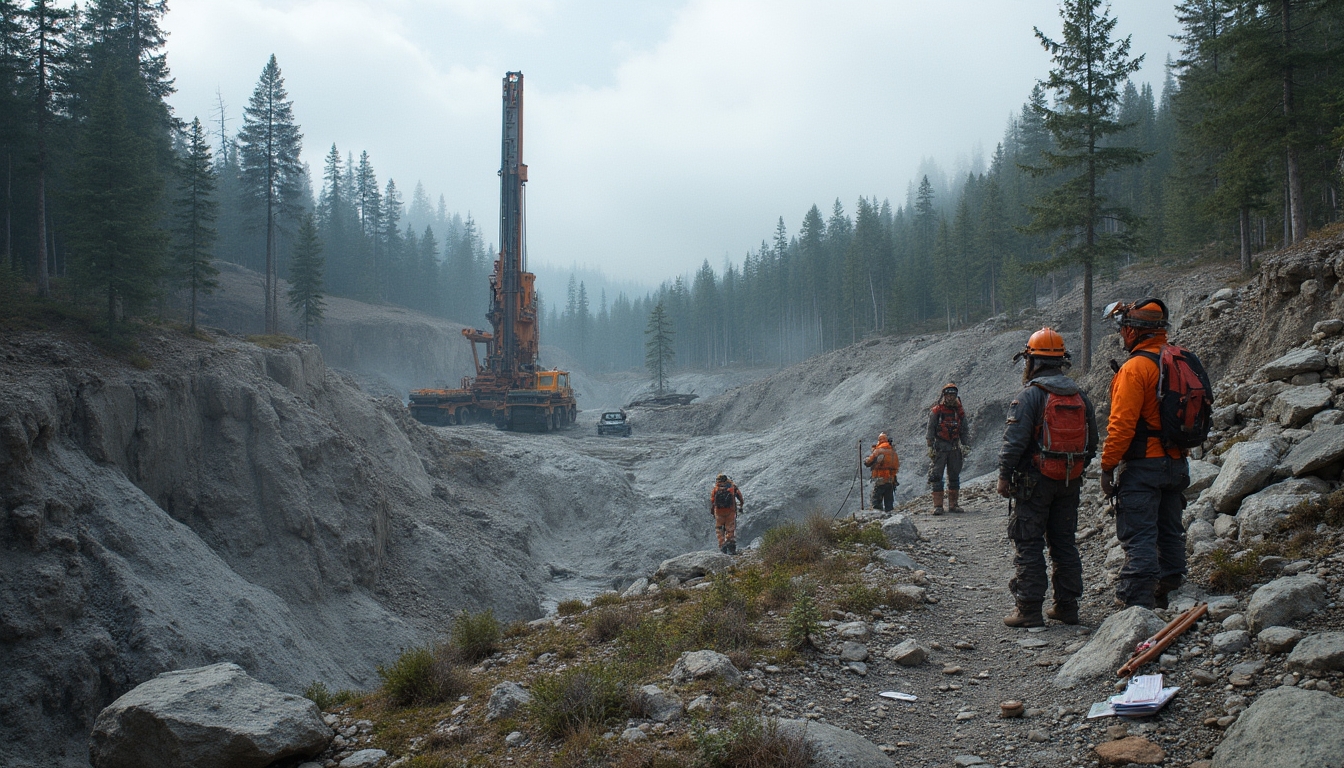 Mining site with heavy equipment and workers.