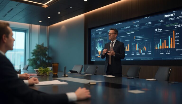 Businessman presents data charts in a sleek conference room meeting.