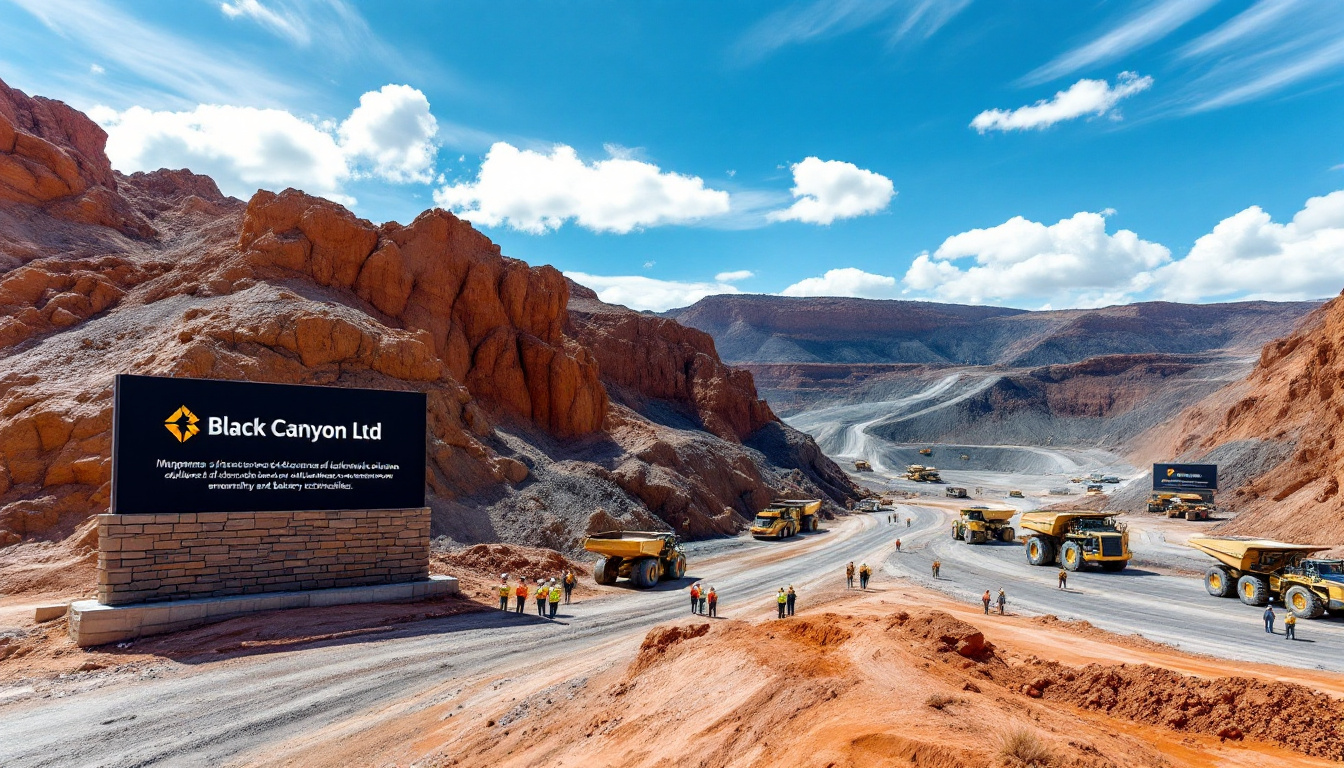 Black Canyon Ltd-BCA-Mining operation with trucks, workers, and a large sign for Black Canyon Ltd in a red rocky landscape.