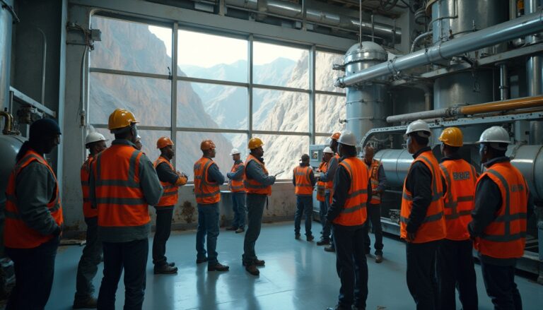 Workers in safety gear having a meeting inside an industrial facility with mountain views outside.