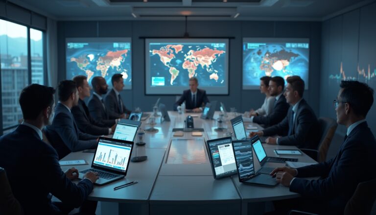 Business meeting with laptops and world map screens in a conference room.