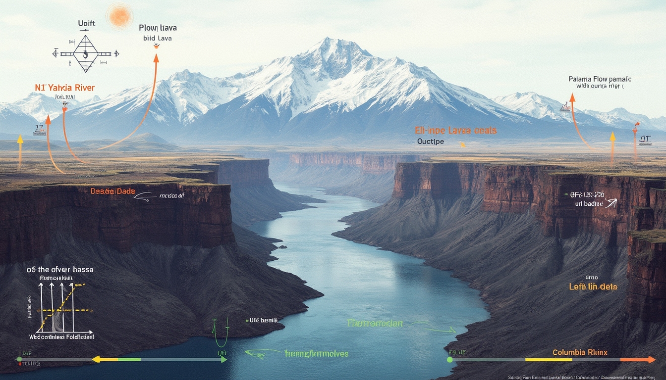 Panoramic view of a canyon with labeled features, flowing river, and distant snowy mountains.