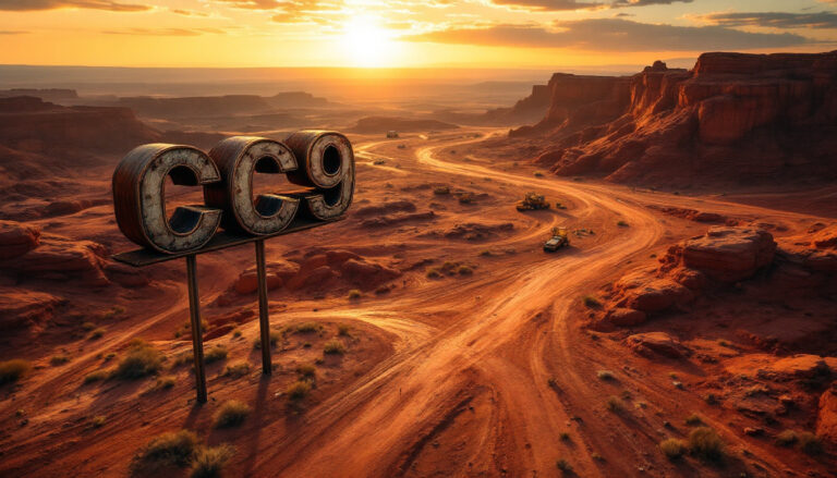 Chariot Corporation Ltd-CC9-Vast desert landscape with a rusted "cc9" sign and winding dirt road at sunset.