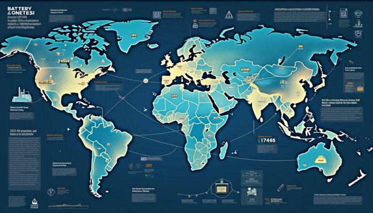 World map illustrating global battery connections and distribution with infographics and data points.