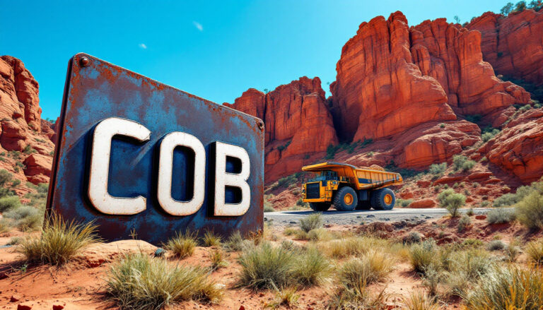 Cobalt Blue Holdings Ltd-COB-Sign with "COB" in front of a mining truck near red rock formations under a clear blue sky.