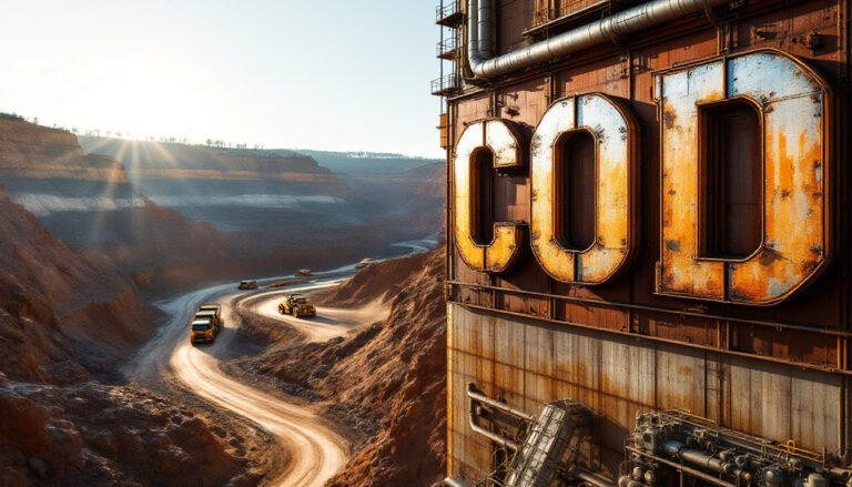 Coda Minerals Ltd-COD-Gigantic COD letters on an industrial structure overlook a quarry with trucks on a winding path.