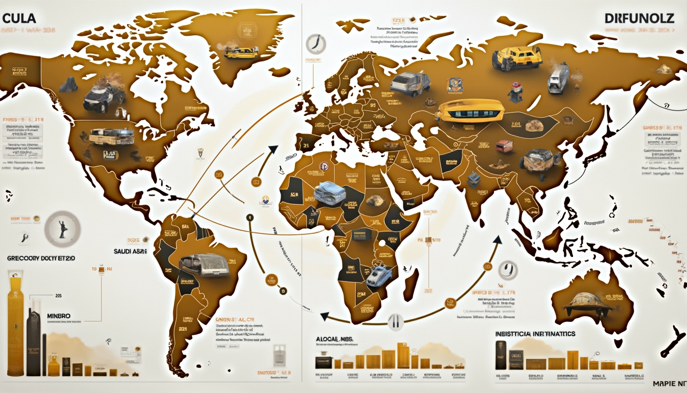 World map infographic with various vehicles, objects, and charts; text is mostly illegible.