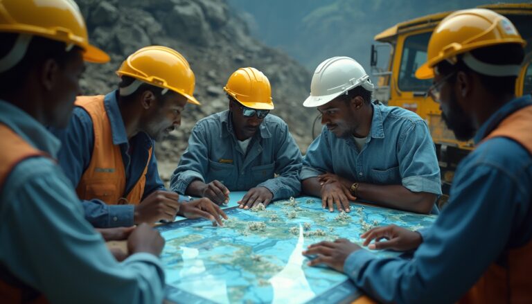 Five engineers in hard hats discuss a detailed map at a construction site.